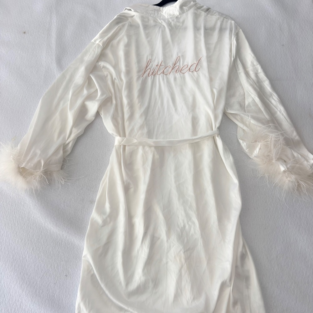 Nasty Gal Bridal Robe US 10 Ivory Satin Feather Cuffs Hitched Wedding Bride